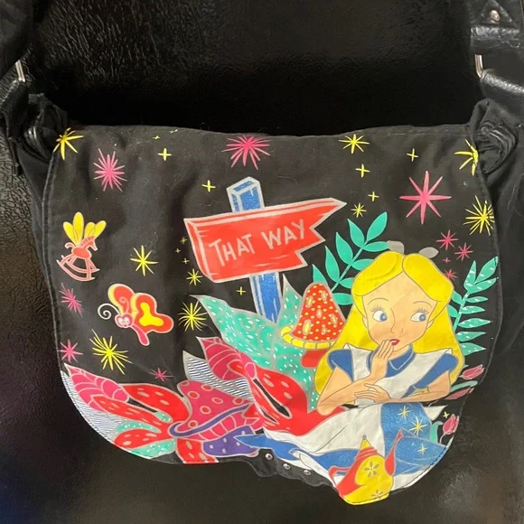 Disney Alice in wonderland that way Black Crossbody Bag with Colorful Graphics - Picture 3 of 7